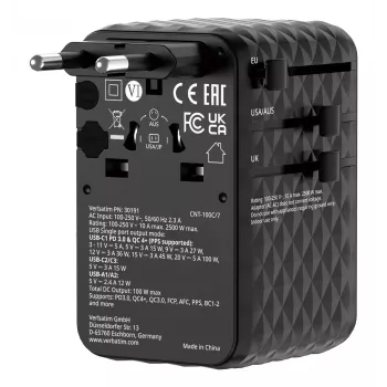 Verbatim Charge 'n' Travel 100W universele reisadapter met oprolbaar snoer zwart