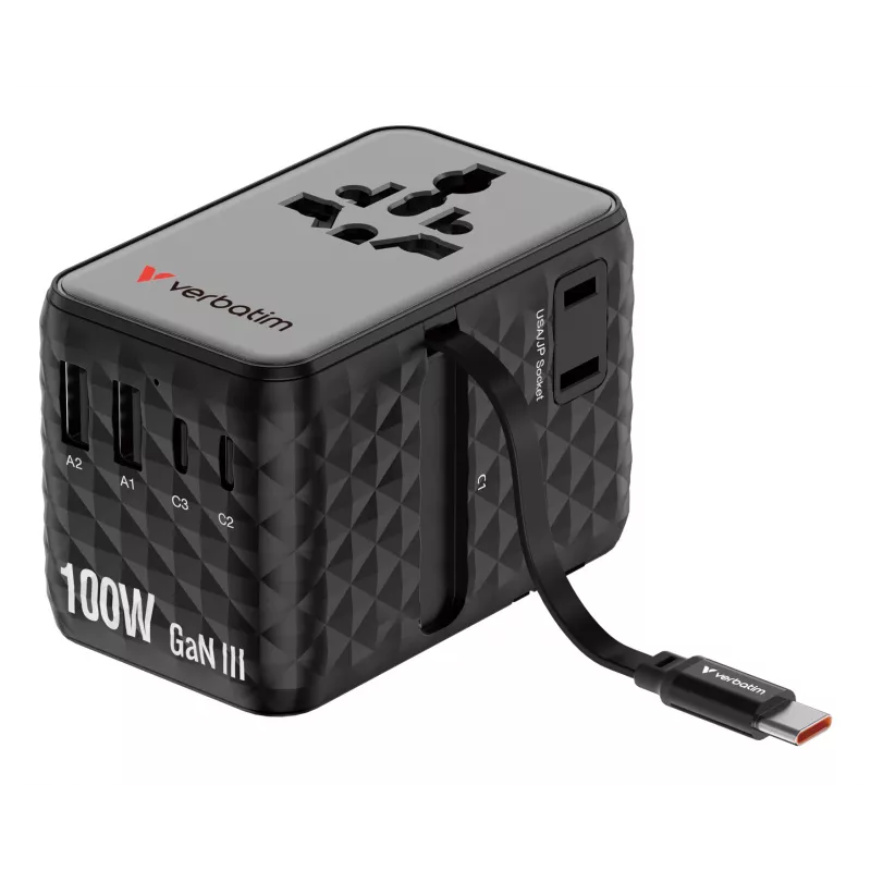 Verbatim Charge 'n' Travel 100W universele reisadapter met oprolbaar snoer zwart