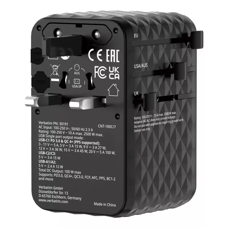 Verbatim Charge 'n' Travel 100W universele reisadapter met oprolbaar snoer zwart