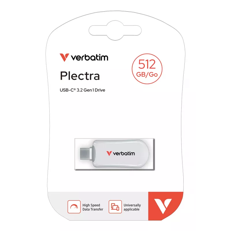 Verbatim Plectra USB-C flashdrive wit 512GB, 512 GB, USB Type-C, 3.2 Gen 1 (3.1 Gen 1), 100 MB/s, kapjesloos, wit