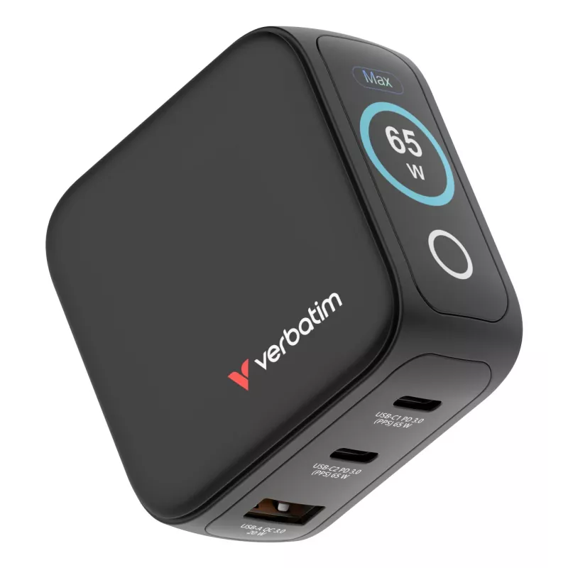 Verbatim Mini GaN oplader 65W met display, binnen, AC, 20 V, zwart