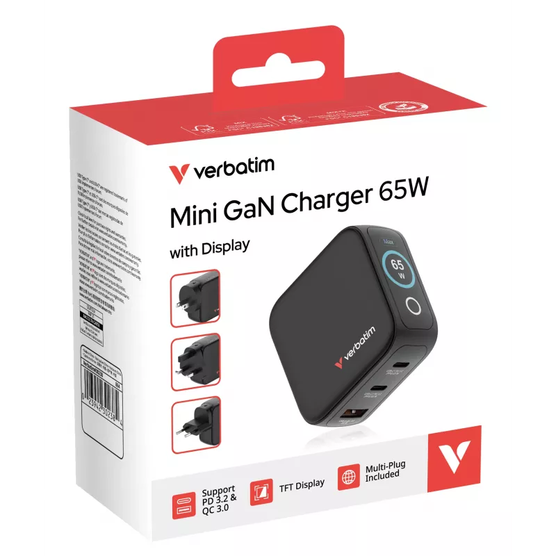 Verbatim Mini GaN oplader 65W met display, binnen, AC, 20 V, zwart