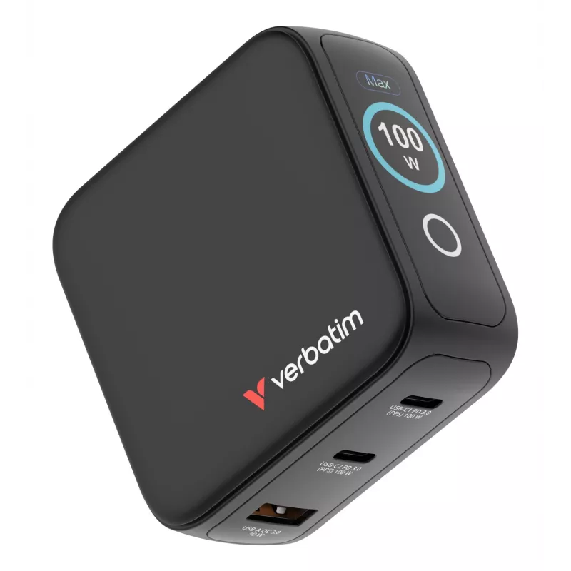 Verbatim Mini GaN oplader 100W met display, binnen, AC, 20 V, zwart
