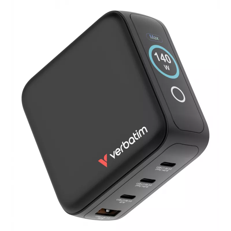 Verbatim Mini GaN oplader 140W met display, binnen, AC, 28 V, zwart