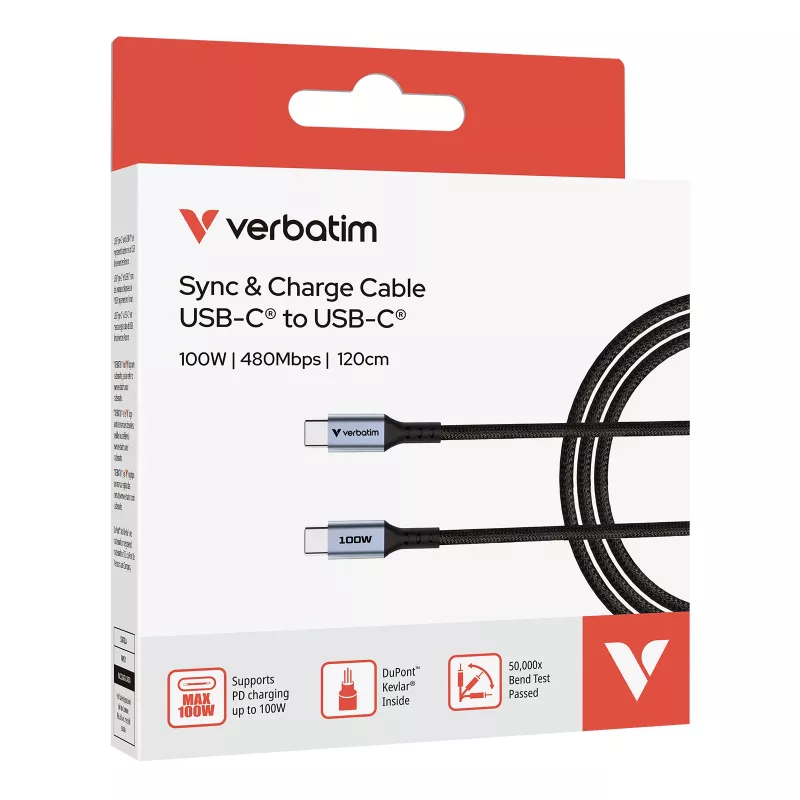 Verbatim Sync & Charge kabel – 100W USB-C naar USB-C 120 cm, 1,2 m, USB C, USB C, USB 2.0, 0,48 Gbit/s, zwart
