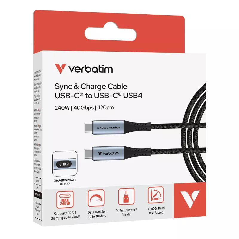 Verbatim Sync & Charge USB-C naar USB-C 240W 40 Gbit/s display 120 cm