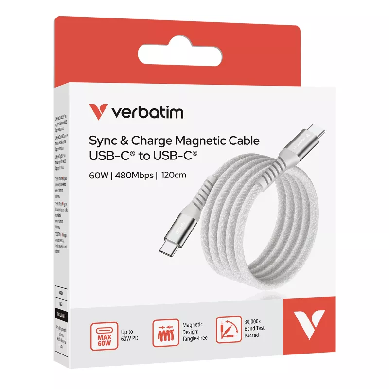 Verbatim Sync & Charge magnetische kabel - 60W USB-C naar USB-C 120 cm grijs