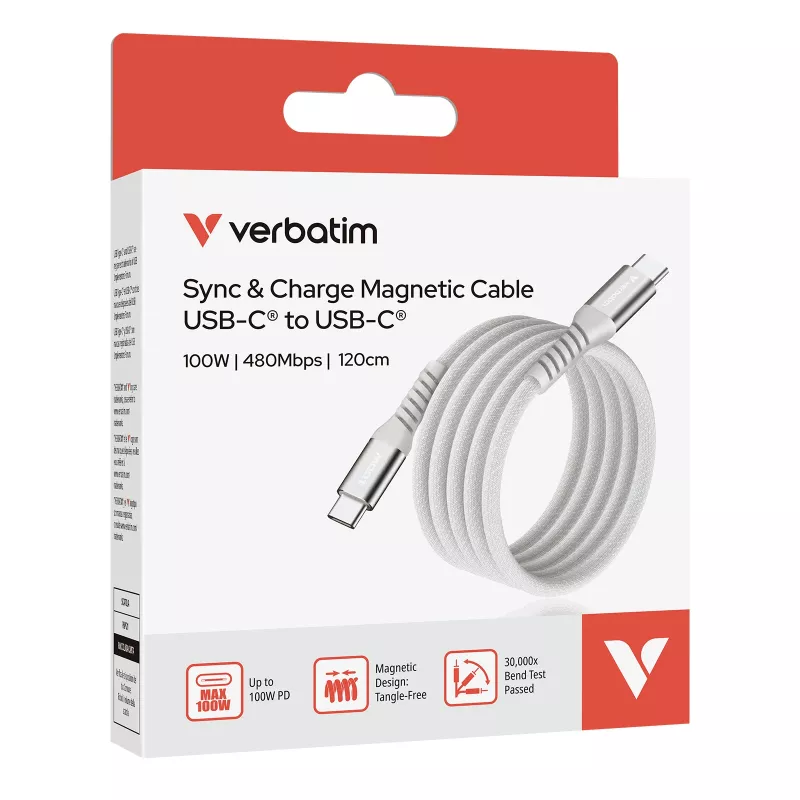 Verbatim Sync & Charge magnetische kabel - 100W USB-C naar USB-C 120 cm grijs
