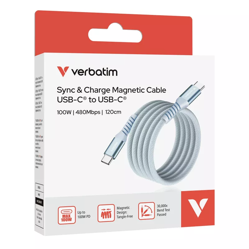 Verbatim Sync & Charge magnetische kabel – 100W USB-C naar USB-C 120 cm blauw