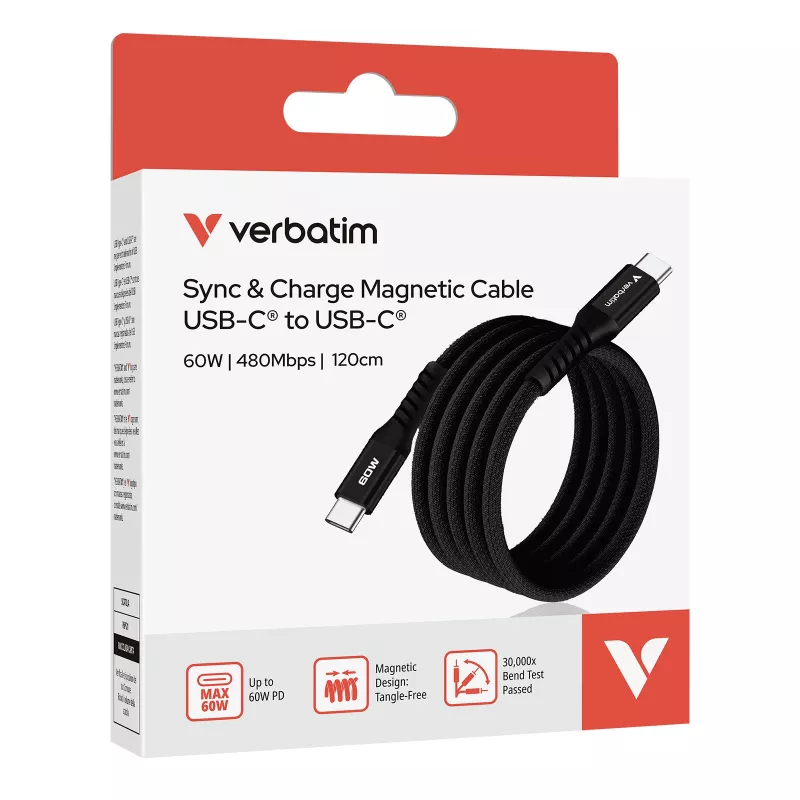 Verbatim Sync & Charge magnetische kabel – 60 W USB-C naar USB-C, 120 cm, zwart