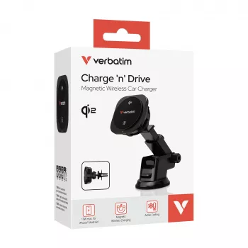 Verbatim Charge 'n' Drive Qi2 magnetische draadloze autolader, auto, USB, draadloos laden, 1 m, zwart