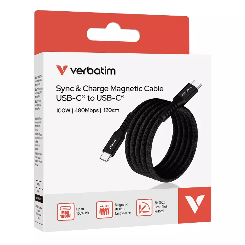Verbatim Sync & Charge magnetische kabel – 100 W USB-C naar USB-C 120 cm zwart