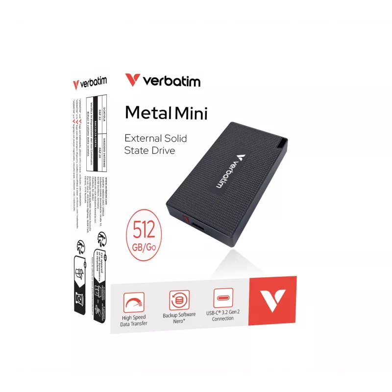 Verbatim Metal Mini SSD USB-C 3.Gen 2 512 GB, 512 GB, USB Type-C, USB 3.2 Gen 2x2, 2000 MB/s, 10 Gbit/s, grijs