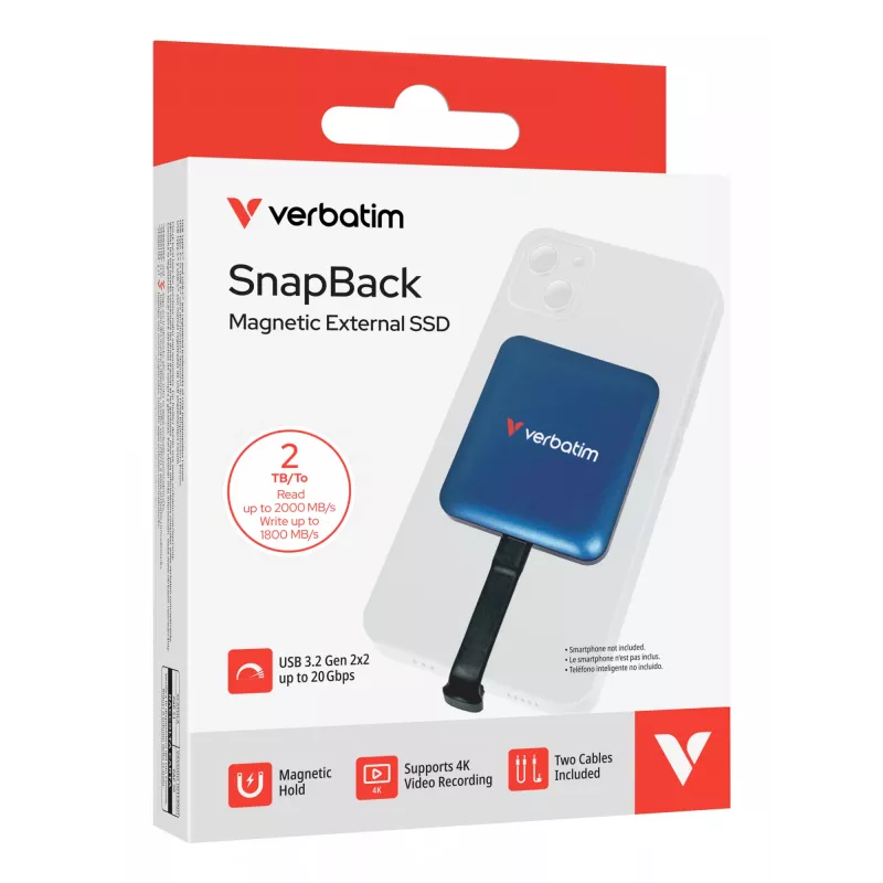 Verbatim SnapBack SSD 2 TB blauw metallic, 2 TB, USB Type-C, USB 3.2 Gen 2x2, 2000 MB/s, 20 Gbit/s, blauw