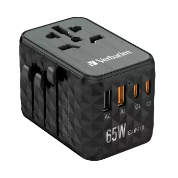 Verbatim UTA-05 65W GaN III universele reisadapter met 2 x USB-C PD & QC 4+ & 2 x USB-A aansluitingen
