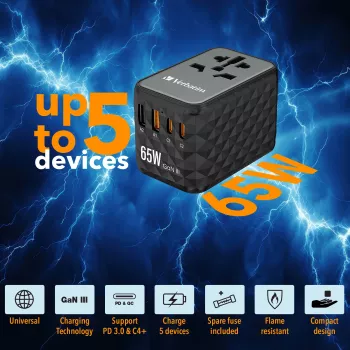 Verbatim UTA-05 65W GaN III universele reisadapter met 2 x USB-C PD & QC 4+ & 2 x USB-A aansluitingen