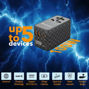 Verbatim UTA-06 100W GaN III universele reisadapter met 2 x USB-C PD & QC 4+ & 2 x USB-A QC 3.0 aansluitingen