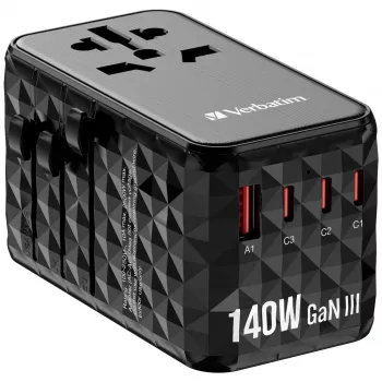 Verbatim UTA-10 140W GaN III universele reisadapter met 2 x USB-C PD 3.1 & QC 4+, 1 x USB-C PD 3.0 & 1 x USB-A QC 3.0 aansluitingen