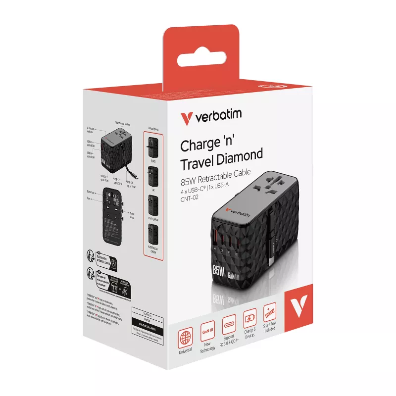 Verbatim Charge 'n' Travel Diamond 85W oprolbaar kabel CNT-02