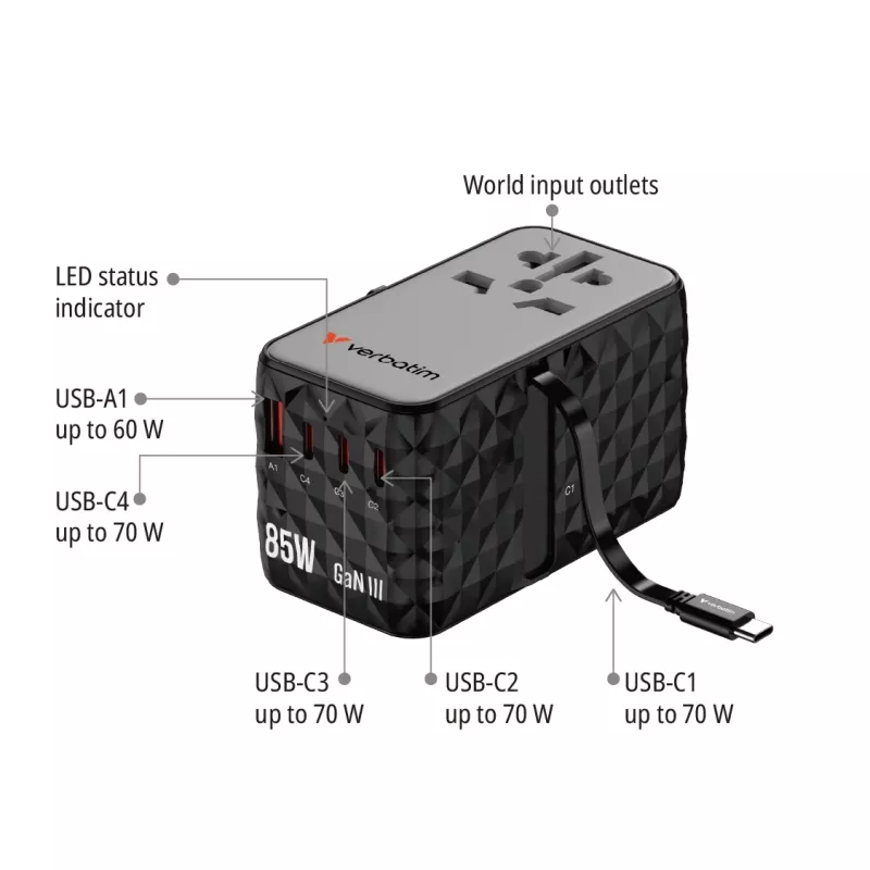 Verbatim Charge 'n' Travel Diamond 85W oprolbaar kabel CNT-02