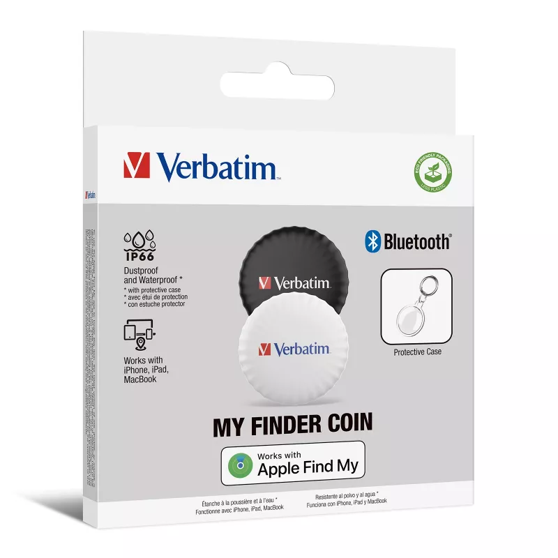 Verbatim My Finder Coin Bluetooth-tracker – 2-pack, persoonlijk, finder, zwart, wit, stofdicht, waterdicht, IP66, CR2032