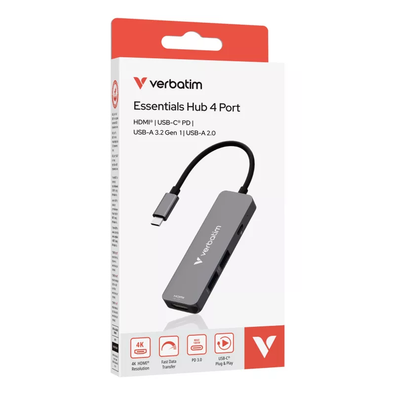 Verbatim USB-C Essentials multiport hub 4 poorten: HDMI, USB-C PD, USB-A 3.2 Gen 1, USB-A