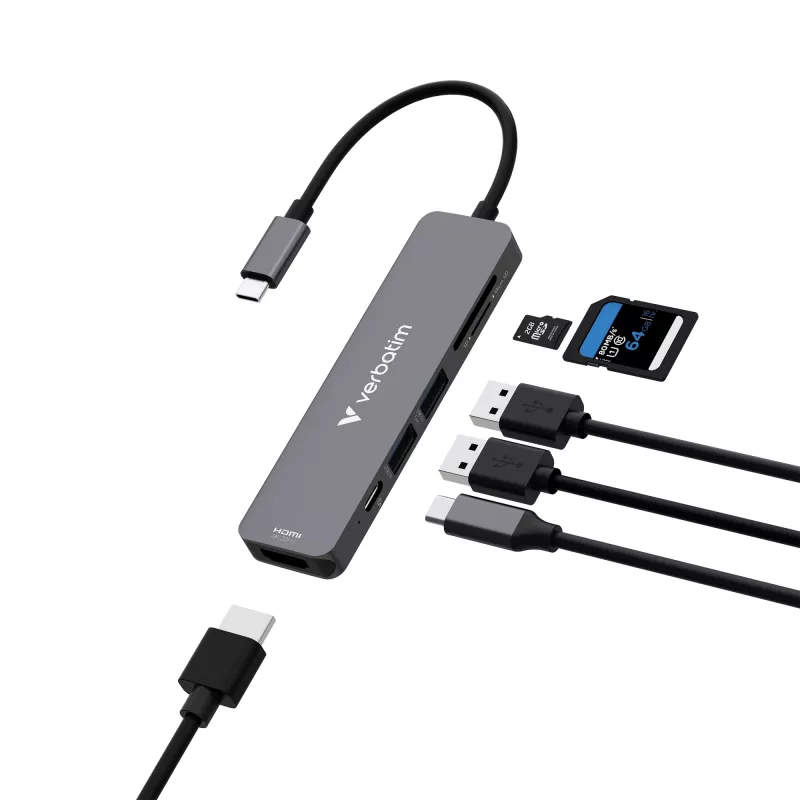 Verbatim USB-C Essentials multiport hub 6 poorten: HDMI, USB-C PD, USB-A 3.2 Gen 1, USB-A, SD & microSD