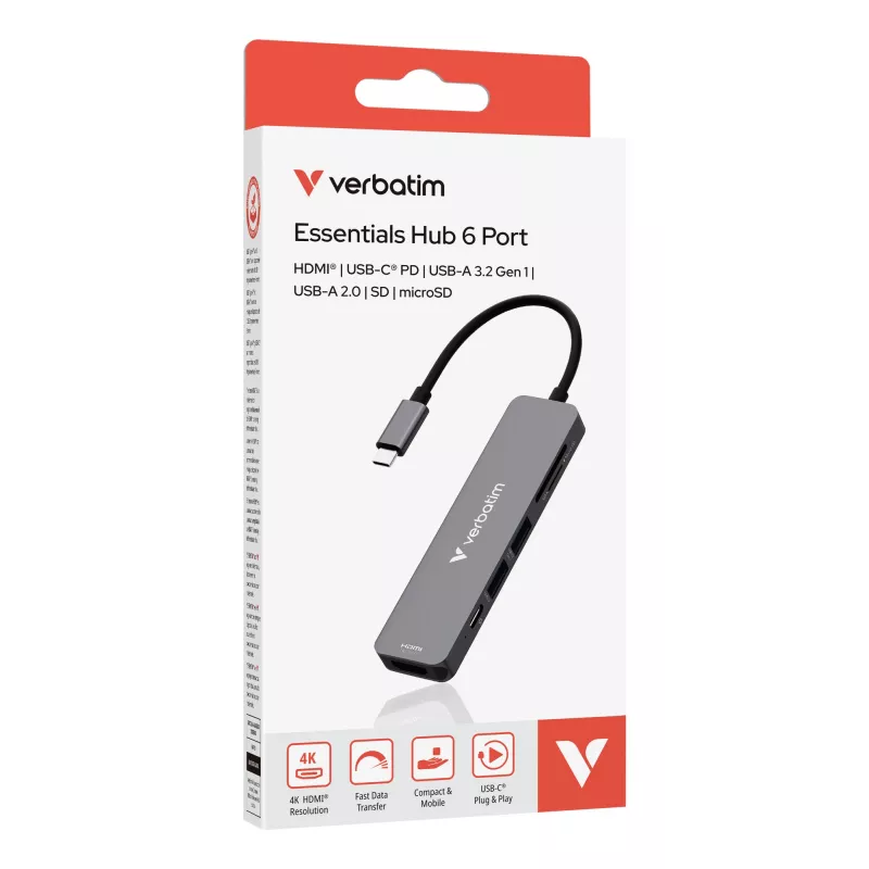 Verbatim USB-C Essentials multiport hub 6 poorten: HDMI, USB-C PD, USB-A 3.2 Gen 1, USB-A, SD & microSD