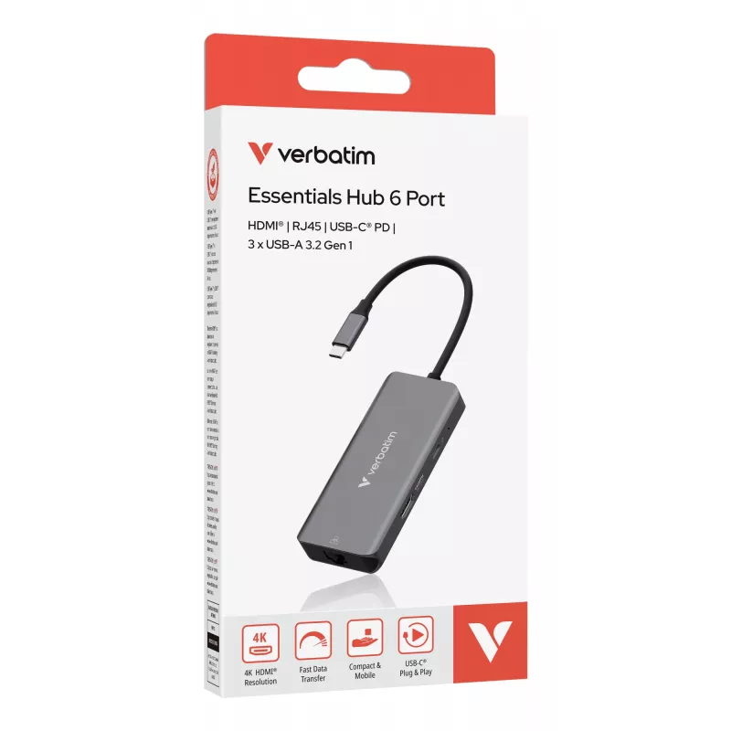 Verbatim USB-C Essentials multiport hub 6 poorten: RJ45, HDMI, USB-C PD, 3 x USB-A 3.2 Gen 1