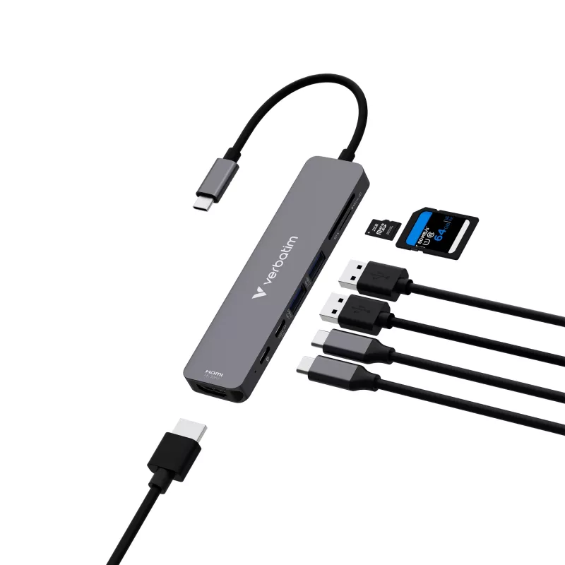 Verbatim USB-C Essentials multiport hub 7 poorten: HDMI, USB-C, USB-C 3.2 Gen 1, 2 x USB-A 3.2 Gen 1, SD & microSD