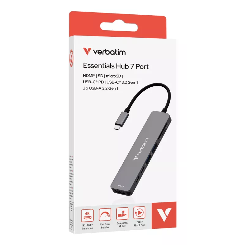 Verbatim USB-C Essentials multiport hub 7 poorten: HDMI, USB-C, USB-C 3.2 Gen 1, 2 x USB-A 3.2 Gen 1, SD & microSD