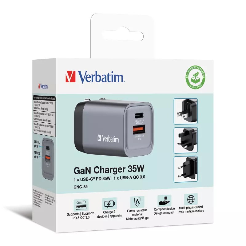 Verbatim GNC-35 GaN-oplader 35W met 1 x USB-C PD 35W / 1 x USB-A QC 3.0 (EU/UK/US)