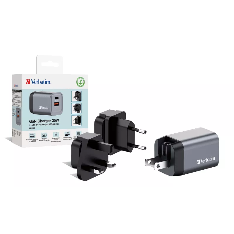 Verbatim GNC-35 GaN-oplader 35W met 1 x USB-C PD 35W / 1 x USB-A QC 3.0 (EU/UK/US)
