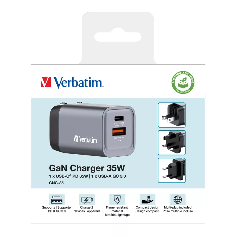 Verbatim GNC-35 GaN-oplader 35W met 1 x USB-C PD 35W / 1 x USB-A QC 3.0 (EU/UK/US)