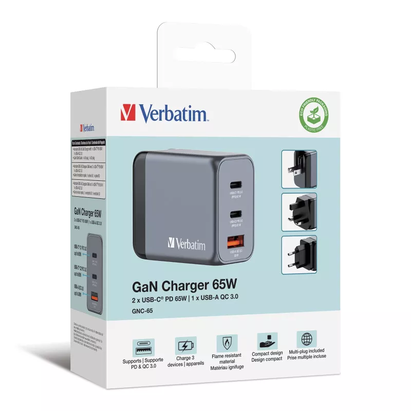 Verbatim GNC-65 GaN-oplader 65W met 2 x USB-C PD 65W / 1 x USB-A QC 3.0 (EU/UK/US)