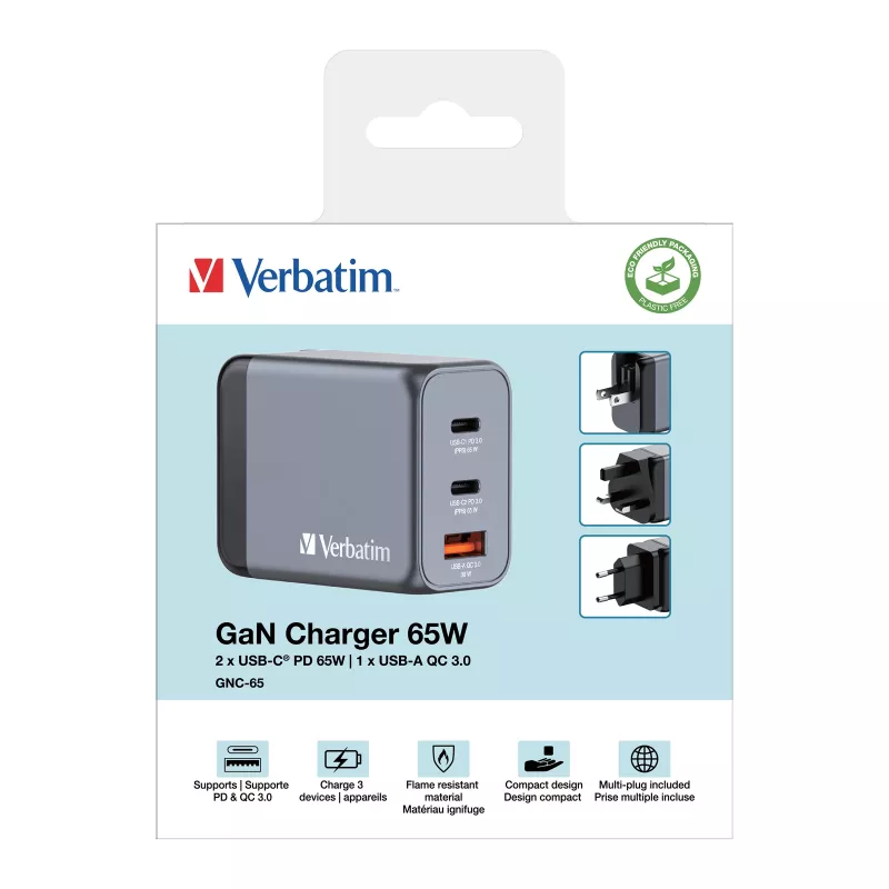 Verbatim GNC-65 GaN-oplader 65W met 2 x USB-C PD 65W / 1 x USB-A QC 3.0 (EU/UK/US)