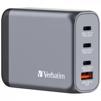 Verbatim GNC-100 GaN-oplader 100W met 2 x USB-C PD 100W / 1 x USB-C PD 65W / 1 x USB-A QC 3.0 (EU/UK/US)