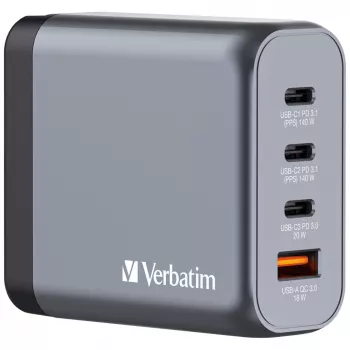 Verbatim GNC-140 GaN-oplader 140 W met 2 x USB-C PD 140 W / 1 x USB-C PD 20 W / 1 x USB-A QC 3.0 (EU/UK/US)