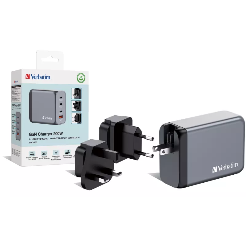 Verbatim GNC-200 GaN-oplader 200W met 2 x USB-C PD 100W / 1 x USB-C PD 65W / 1 x USB QC 3.0 (EU/UK/US)