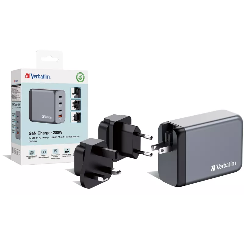 Verbatim GNC-200 GaN-oplader 200W met 2 x USB-C PD 100W / 1 x USB-C PD 65W / 1 x USB QC 3.0 (EU/UK/US)