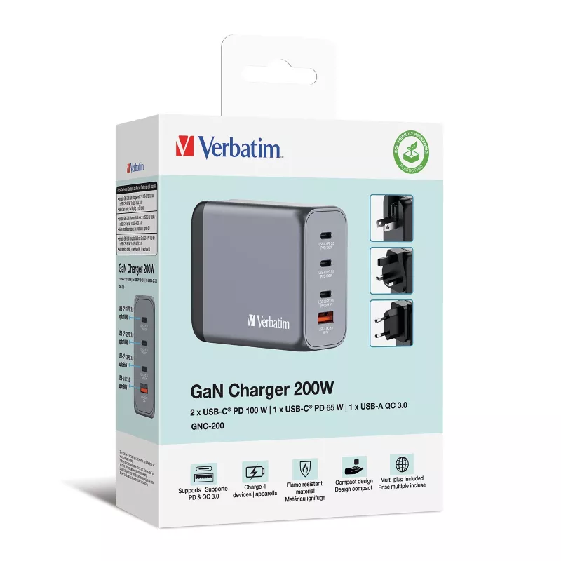 Verbatim GNC-200 GaN-oplader 200W met 2 x USB-C PD 100W / 1 x USB-C PD 65W / 1 x USB QC 3.0 (EU/UK/US)