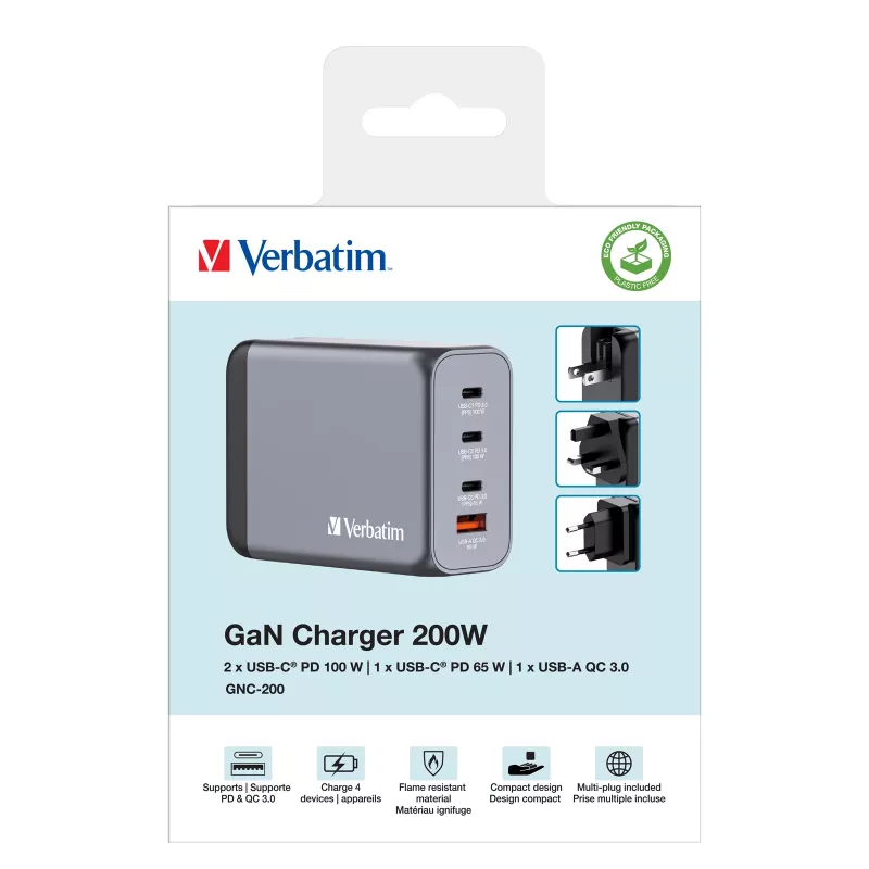 Verbatim GNC-200 GaN-oplader 200W met 2 x USB-C PD 100W / 1 x USB-C PD 65W / 1 x USB QC 3.0 (EU/UK/US)
