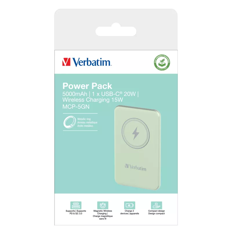 Verbatim Charge 'n' Go magnetische draadloze powerbank 5000 mAh groen