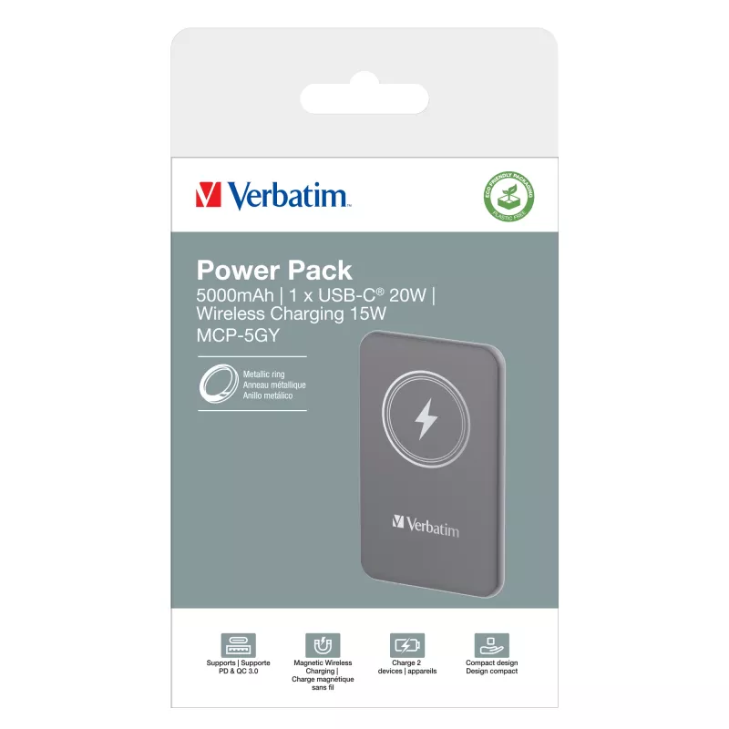 Verbatim Charge 'n' Go magnetische draadloze powerbank 5000mAh grijs