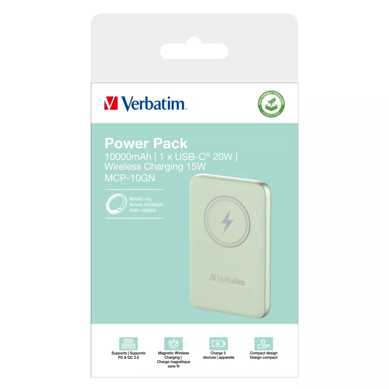 Verbatim Charge 'n' Go magnetische draadloze powerbank 10000mAh groen