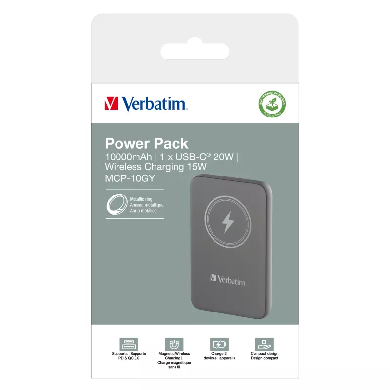 Verbatim Charge 'n' Go magnetische draadloze powerbank 10000mAh grijs