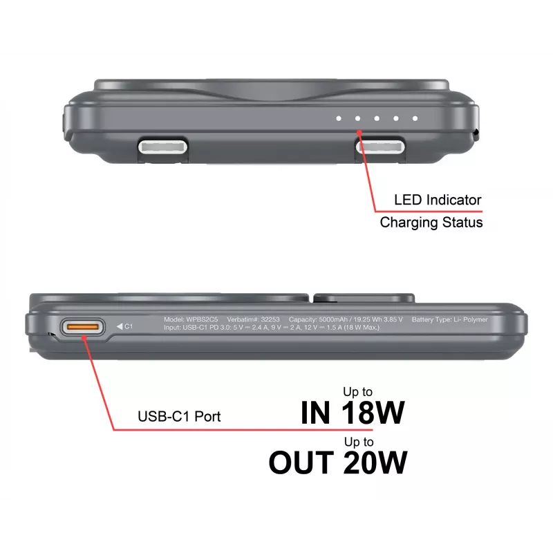 Verbatim Charge'n'Go 2C powerbank 5000 mAh grijs
