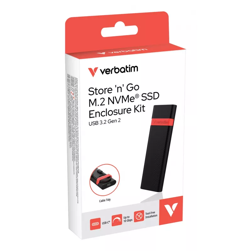 Verbatim M.2 NVMe SSD-behuizing kit, SSD-behuizing, M.2, PCI Express, 10 Gbit/s, USB-connectiviteit, zwart, rood