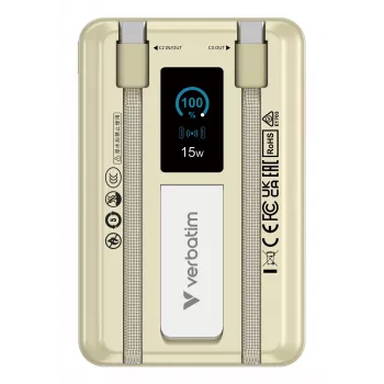 Verbatim Charge'n'Go 2C & display powerbank 10000 mAh goud, 10000 mAh, lithium-polymeer (LiPo), Power Delivery 3.0, Quick Charge 3.0, draadloos laden, 3,85 V, 52 W