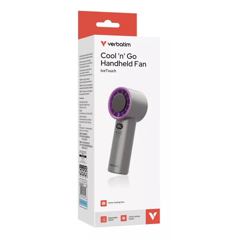 Verbatim Cool’n’Go IceTouch handventilator grijs/paars, grijs, paars, 1 ventilator(en), handventilator, 1 st., 8 W, lithium-ion (Li-Ion)